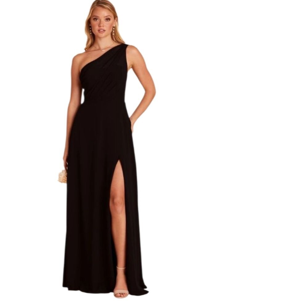 Birdy Grey One-Shoulder Black Maxi Dress with High Slit